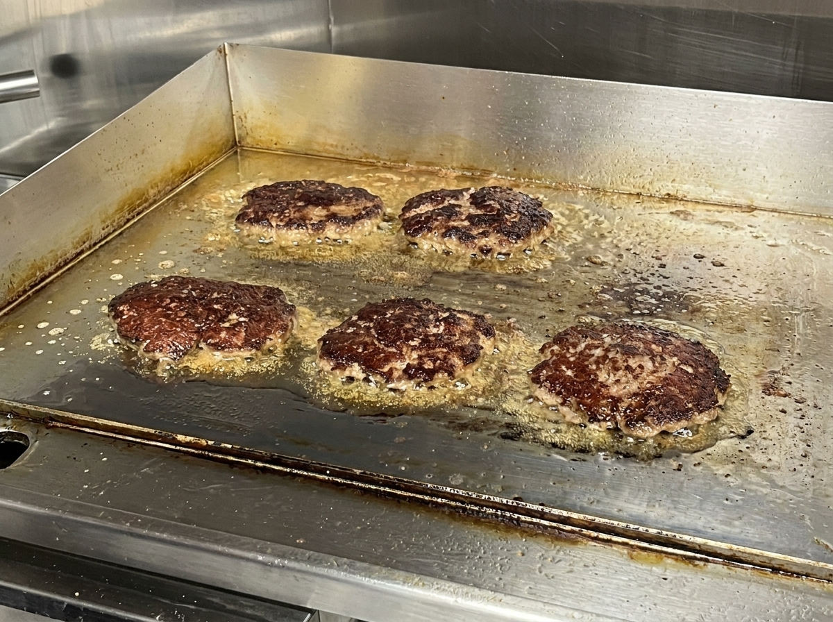 Cinq steaks hachés épais de bœuf saisissant sur une plancha en inox chaude avec une caramélisation visible et du gras frémissant sur les bords.