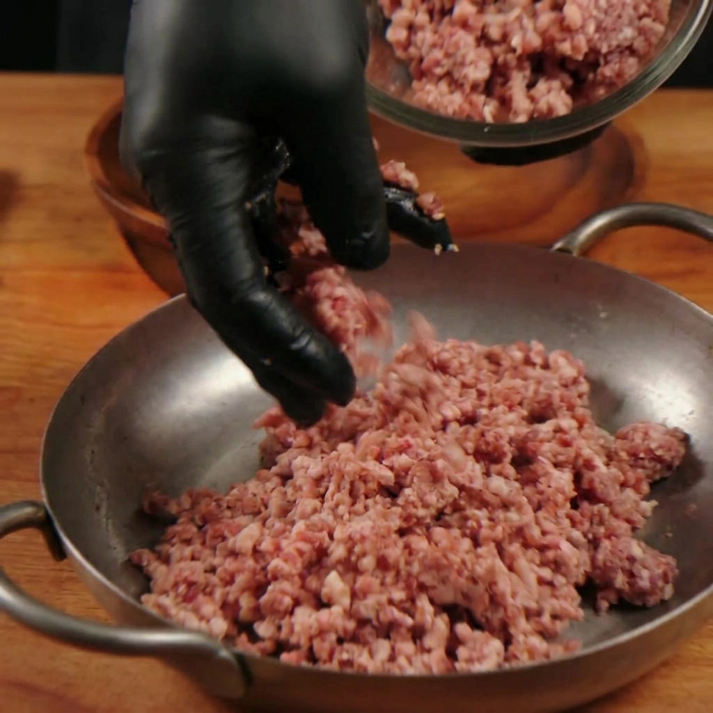 Mains gantées de noir mélangeant délicatement du bœuf haché cru dans un plat en métal.