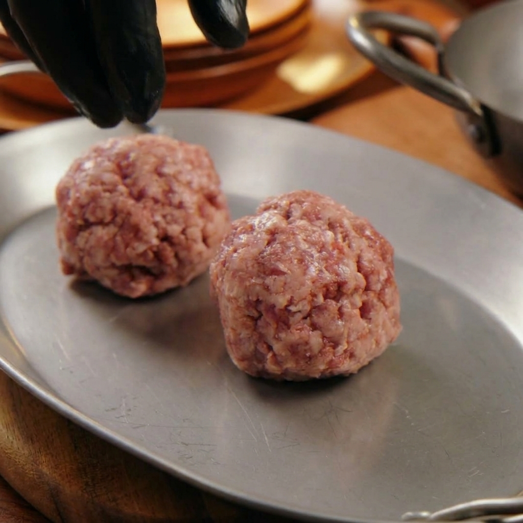 Mains gantées de noir formant doucement deux steaks de bœuf haché cru sur un plateau en métal.