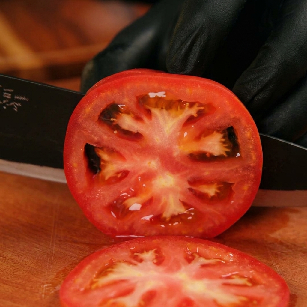 Un couteau noir tranchant découpant une tomate rouge mûre en rondelles épaisses sur une planche en bois.