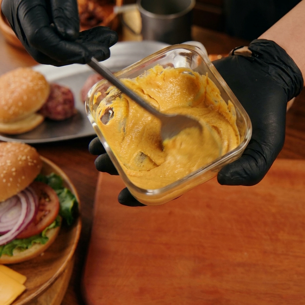 Mains gantées de noir utilisant une cuillère pour mélanger une sauce burger crémeuse jaune orangé dans un petit récipient en verre.