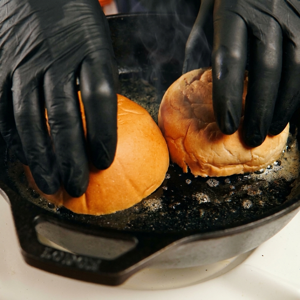 Mains gantées de noir pressant deux moitiés de pain à burger face vers le bas dans une poêle en fonte grésillante avec du beurre fondu.