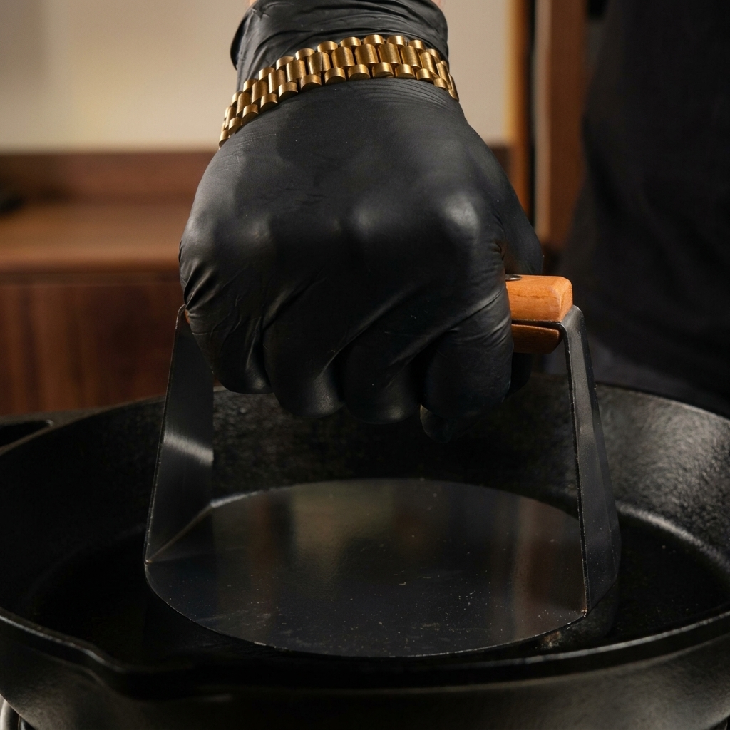 Une main gantée utilisant une presse en métal lourde pour aplatir une boule de bœuf haché sur une poêle en fonte très chaude.