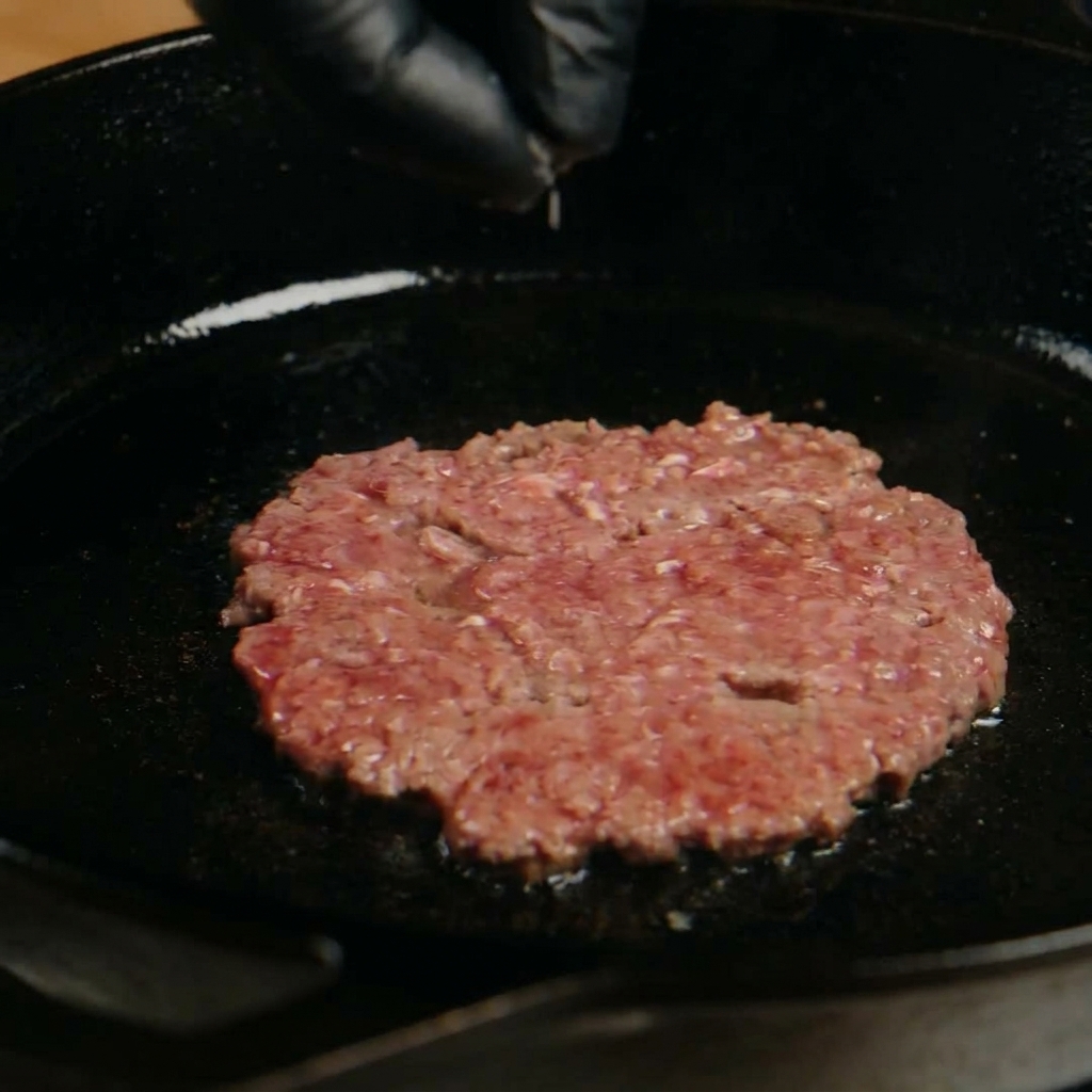 Une main saupoudrant du sel et du poivre noir sur un steak de bœuf smashé cuisant dans une poêle en fonte.