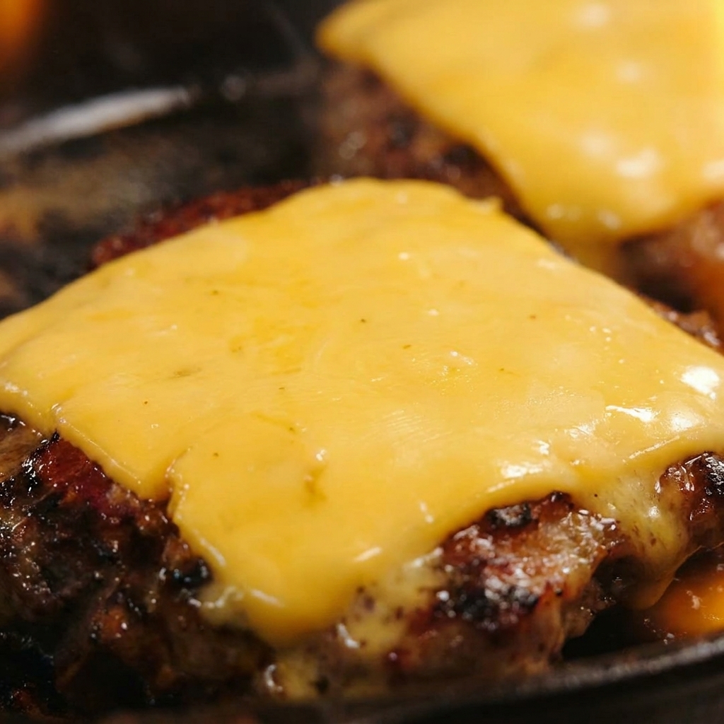 Gros plan sur une tranche carrée de cheddar jaune parfaitement fondue et recouvrant un steak de bœuf saisi.