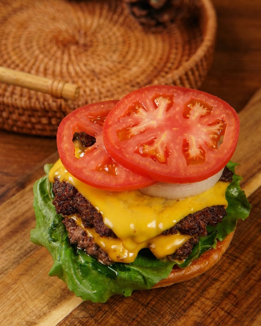 Deux tranches de tomate rouge et des rondelles doignons blancs posées sur une pile de triple cheeseburger.