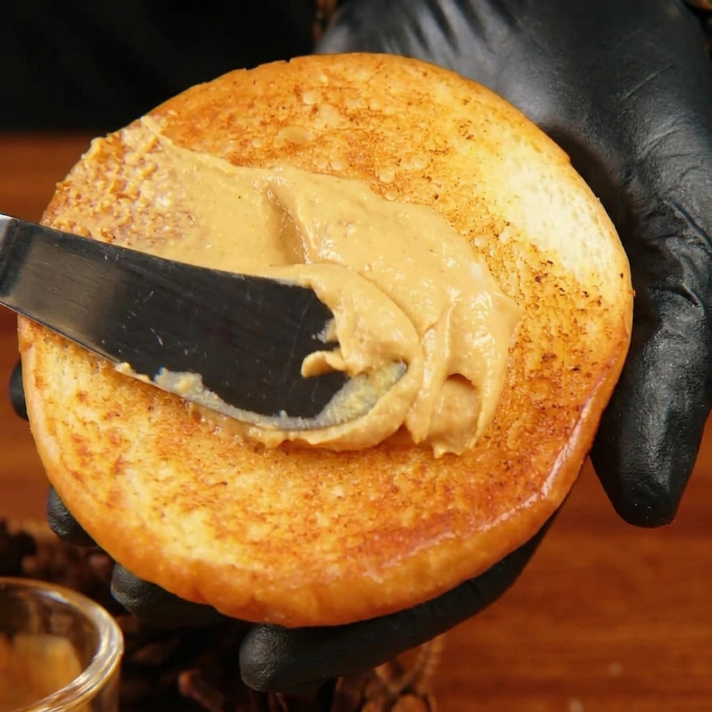 Une main portant un gant noir tenant un pain à burger doré et toasté pendant quune spatule étale une épaisse couche de sauce orange crémeuse à lintérieur.