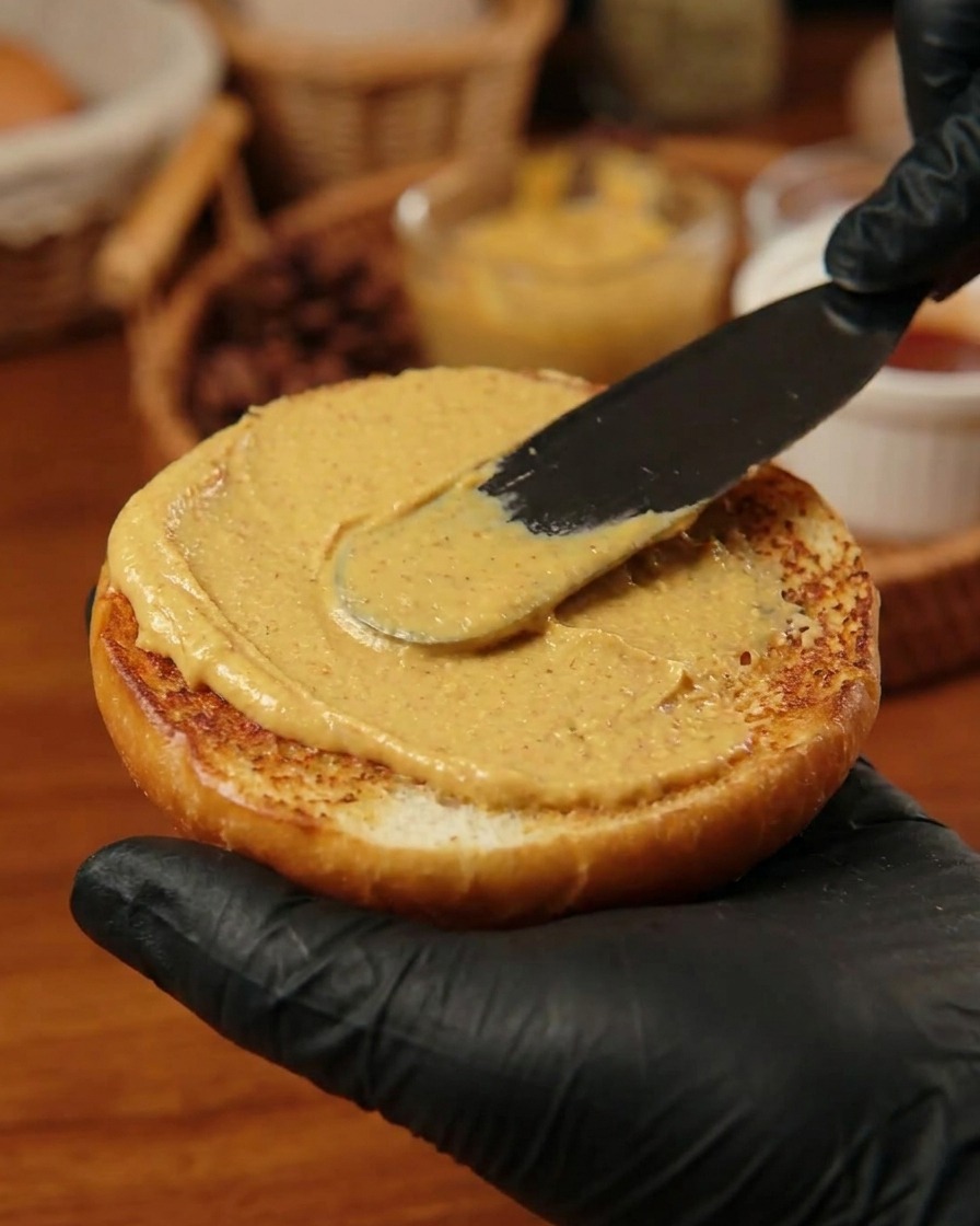 Un burger imposant entièrement assemblé et maintenu par un pic en bois inséré directement à travers le pain supérieur.