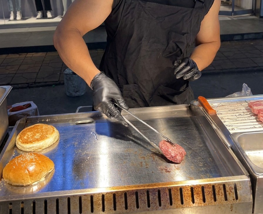 Un steak de bœuf cru épais déposé sur une plaque de cuisson brûlante en acier inoxydable avec des pinces.