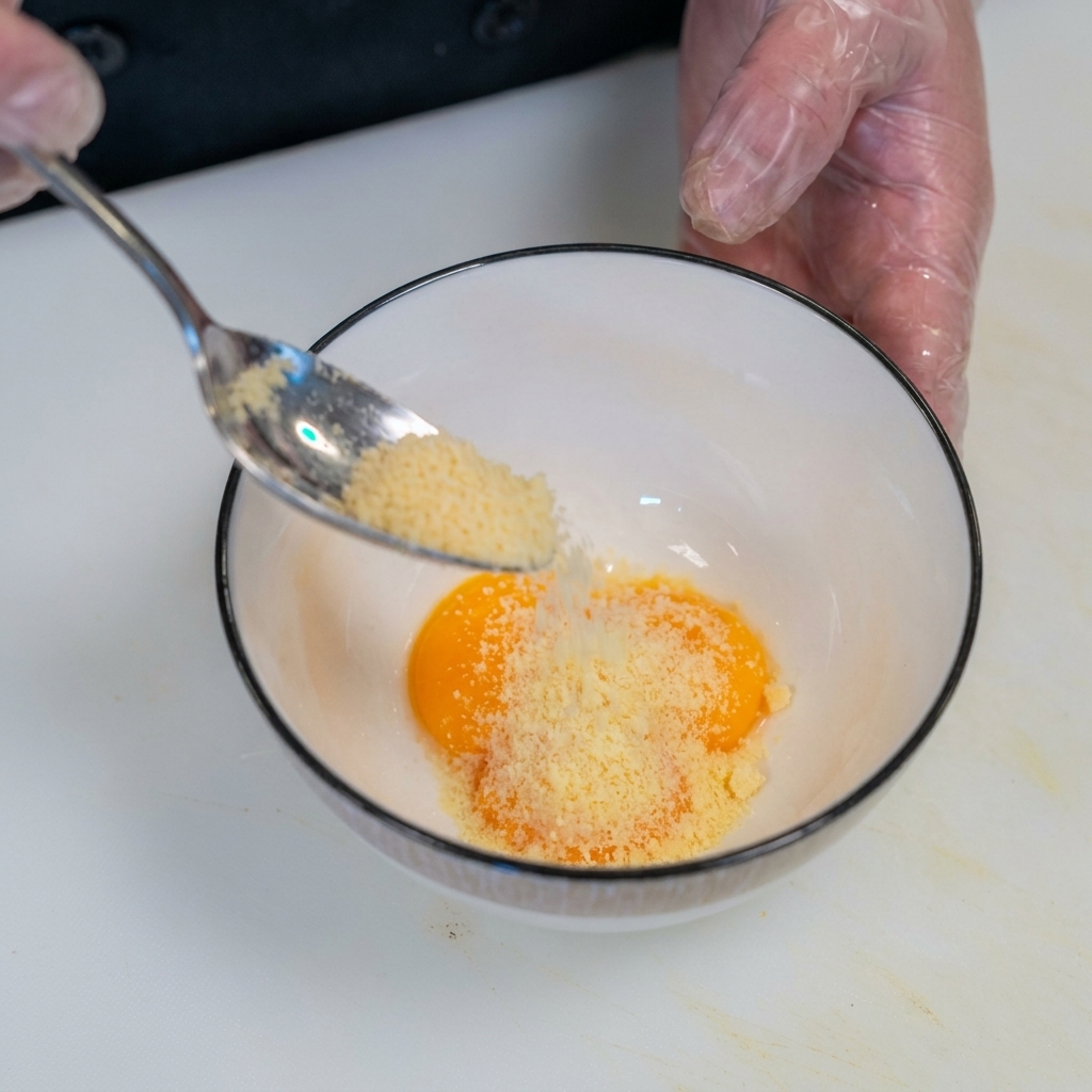 Une cuillère saupoudrant du fromage râpé sur deux jaunes dœufs orange vif dans un bol en céramique.