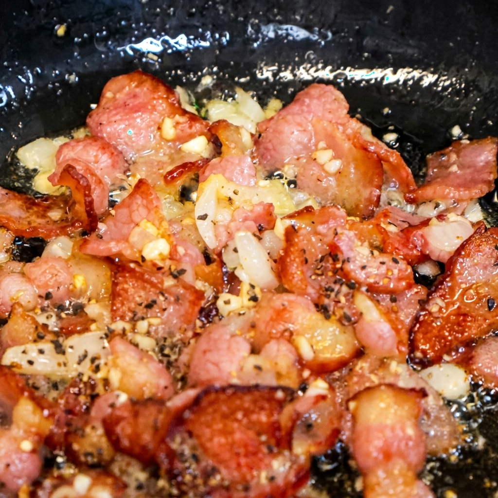 Gros plan sur le bacon doré et les oignons dans une poêle, parsemés de poivre noir fraîchement moulu.
