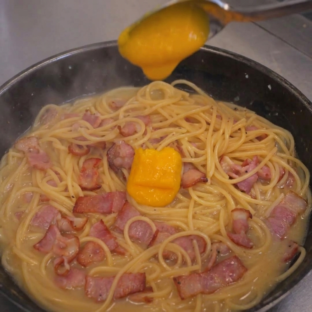 Mélange épais jaune-orangé versé sur les spaghetti et le bacon dans la poêle.