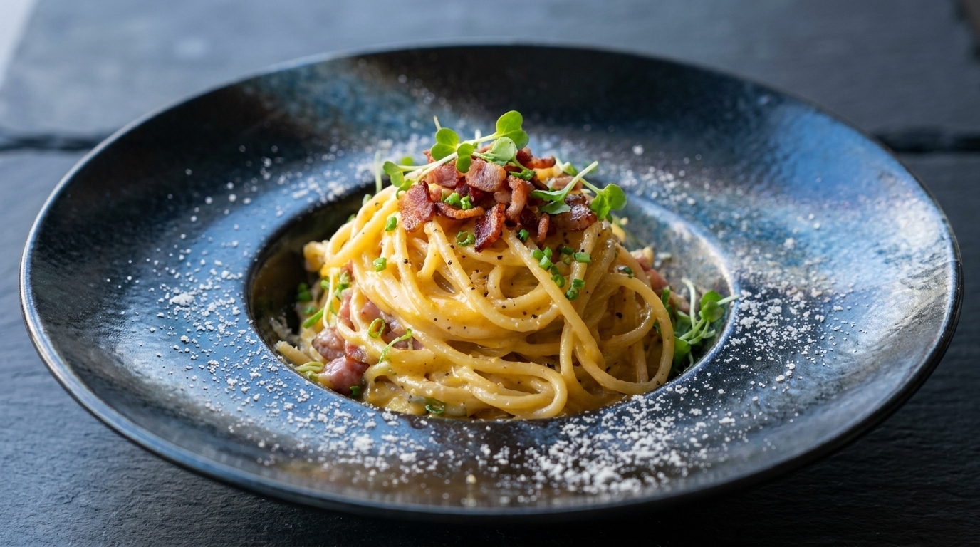 Spaghetti Carbonara Crémeux au Bacon, Ail et Ciboulette