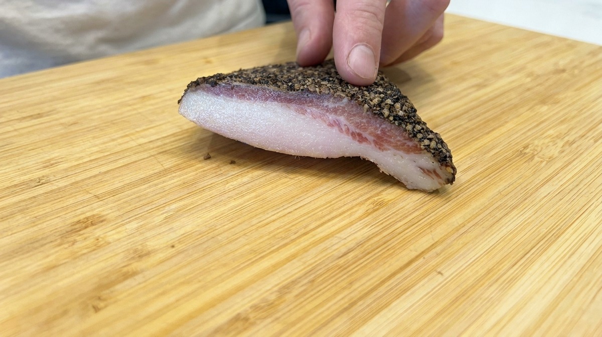 Un morceau épais de guanciale poivré reposant sur une planche à découper en bois.