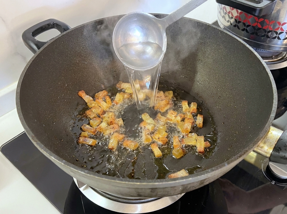 Une louche versant de leau de cuisson amidonnée dans la poêle avec le guanciale.