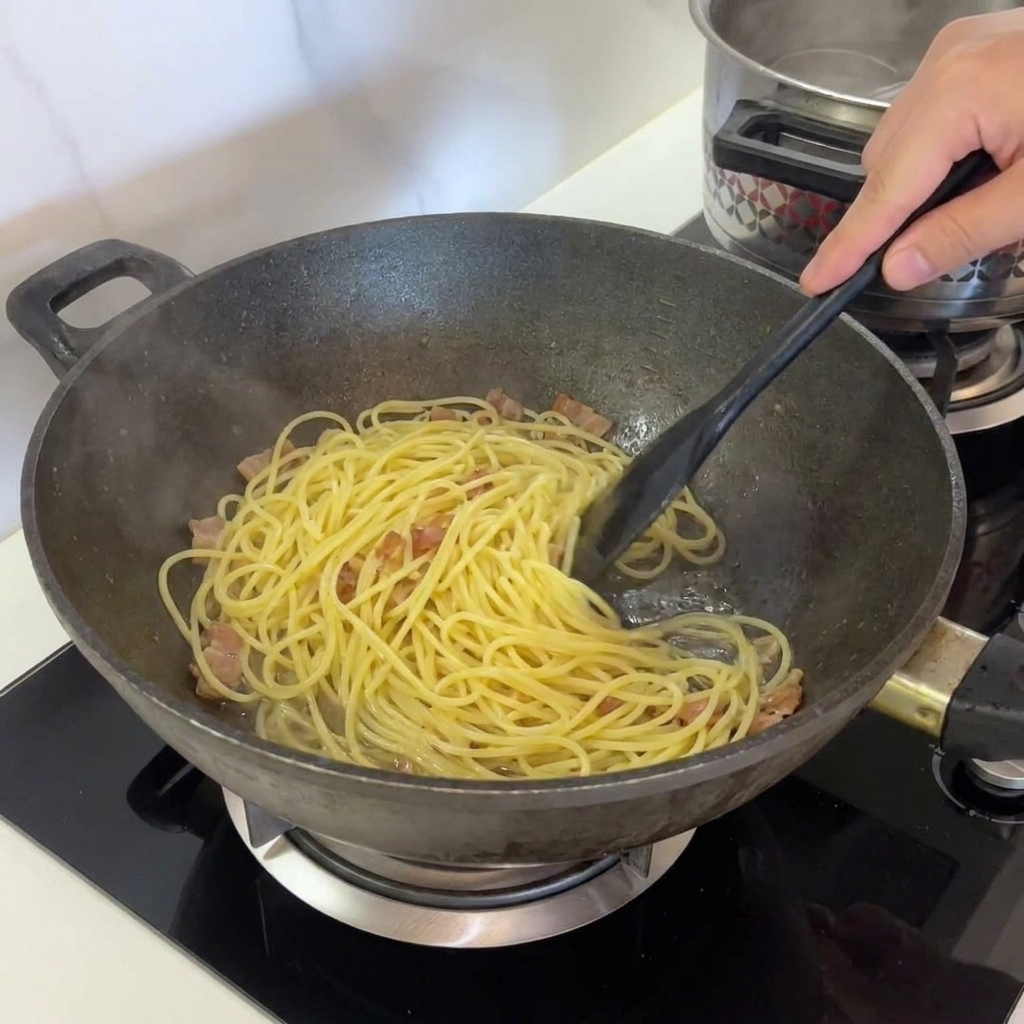 Spaghetti et guanciale dans la poêle sur une cuisinière dont le feu est éteint.