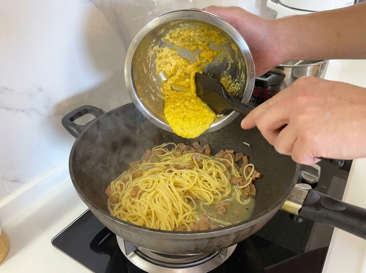 Appareil aux œufs et fromage versé sur les spaghetti dans la poêle.