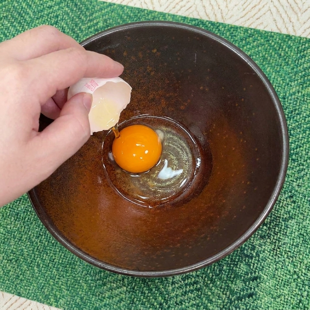 Une main cassant une coquille pour déposer un jaune dœuf cru dans un bol noir.