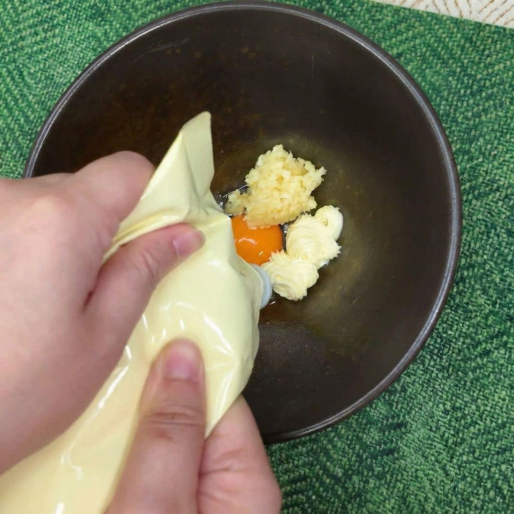 Une main pressant une bouteille de mayonnaise au-dessus dun bol contenant un jaune dœuf et de lail.