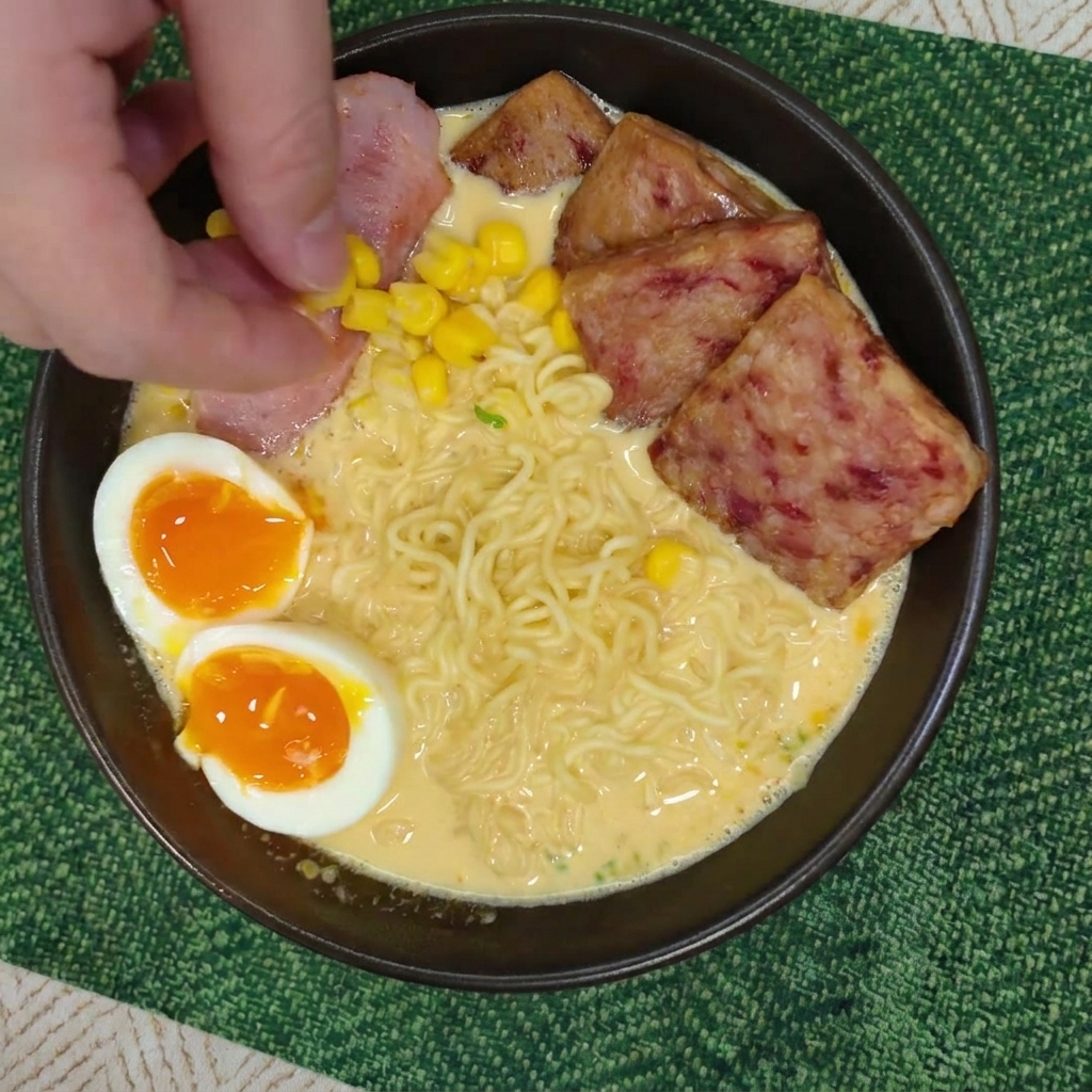 Des doigts parsemant des grains de maïs jaune vif sur un bol de ramen garni.