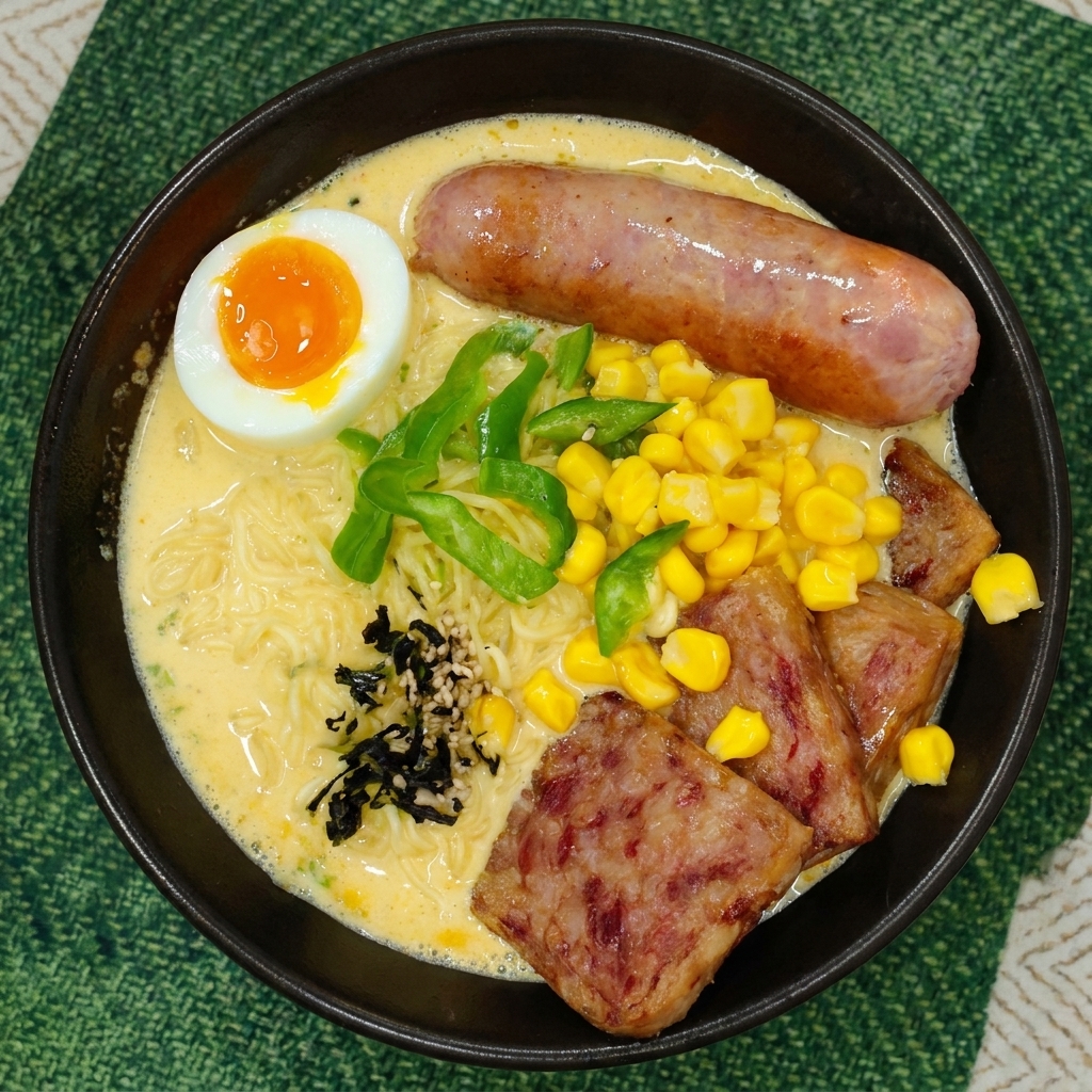 Vue de dessus dun bol de ramen entièrement assemblé, garni dalgues, de sésame, de légumes et de viandes.