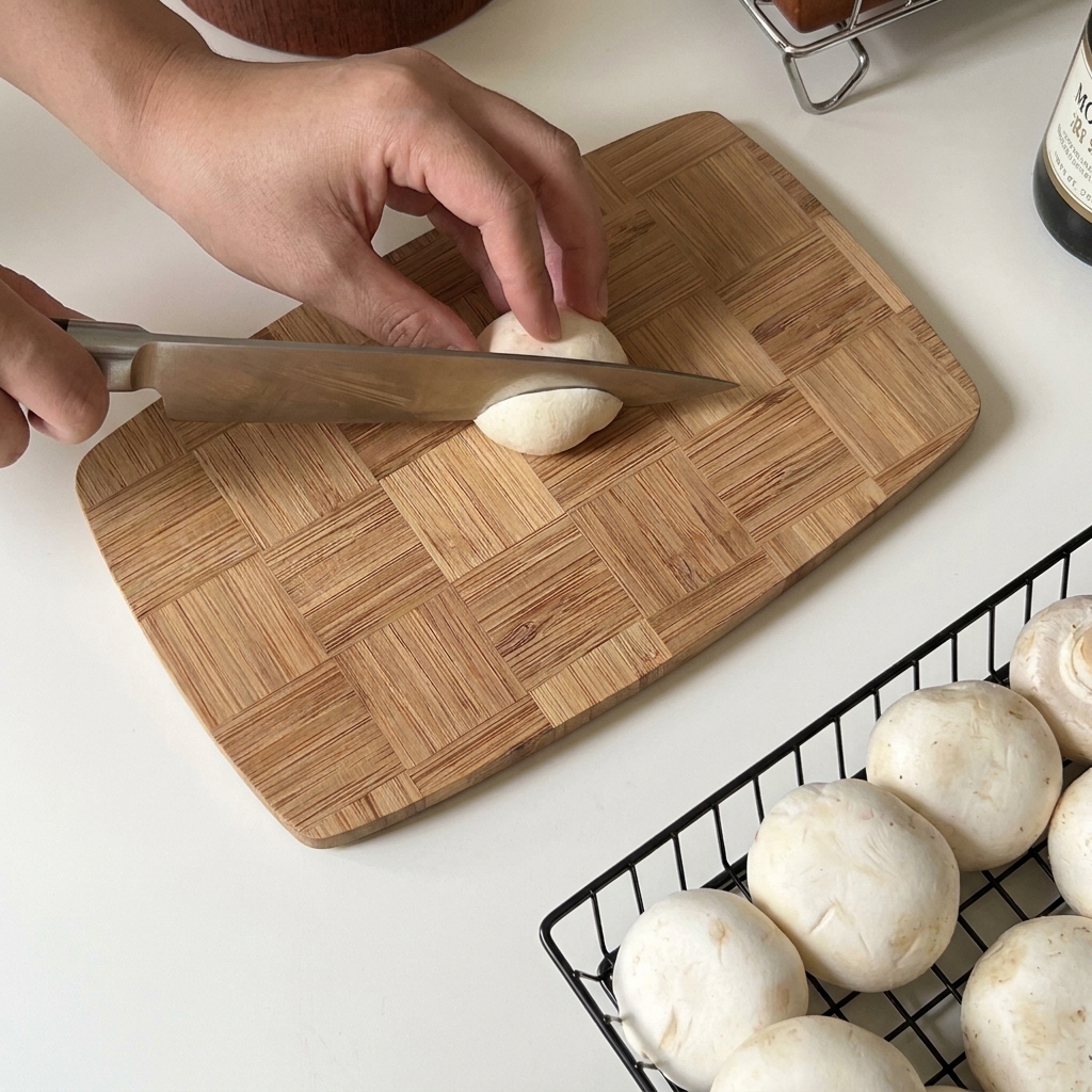 Gros plan dun couteau tranchant un chapeau de champignon blanc sur une planche à découper en bois.