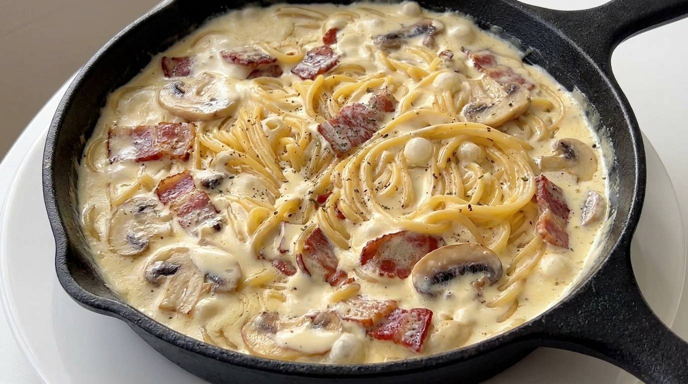 Pâtes crémeuses aux champignons et bacon
