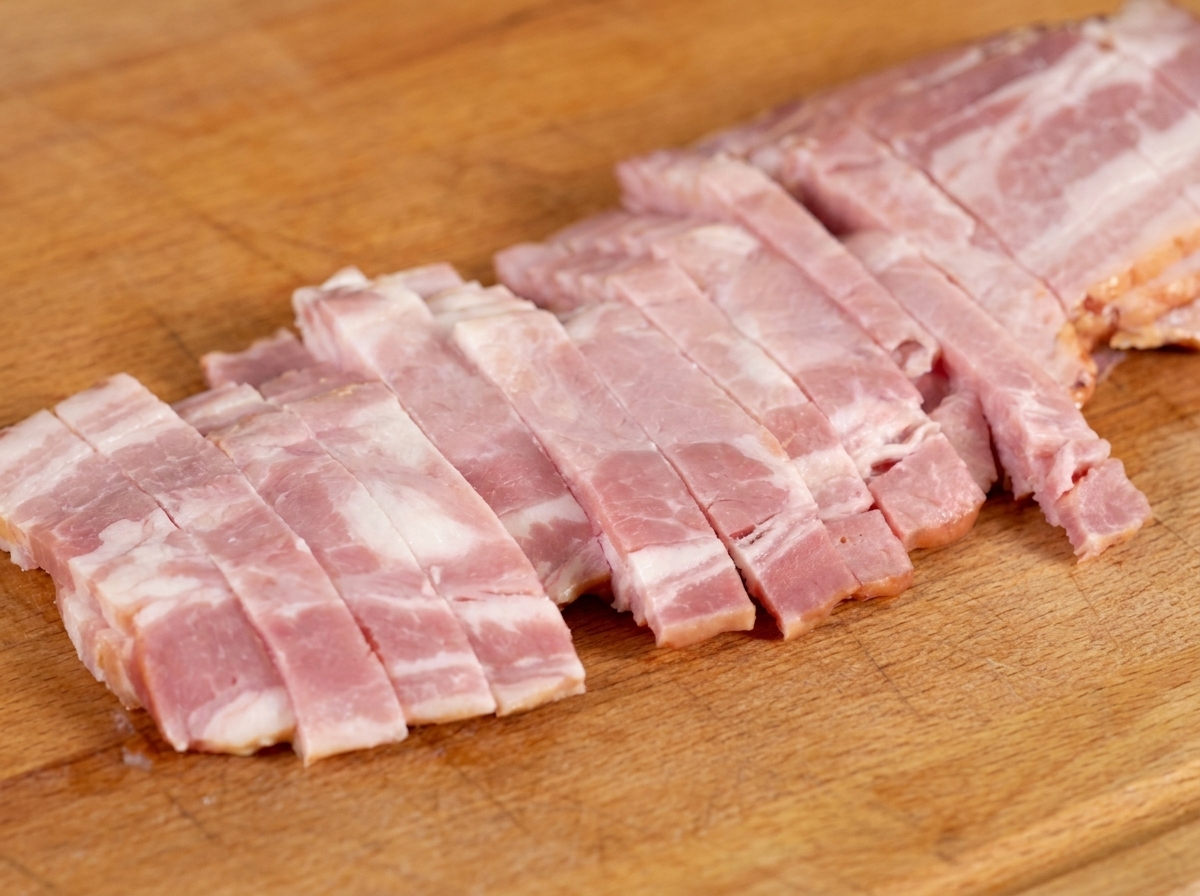 Tranches de bacon cru rose et blanc coupées en lanières sur une planche à découper en bois clair.