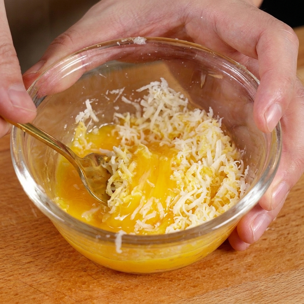 Un petit bol en verre contenant un jaune dœuf jaune vif mélangé à du fromage blanc finement râpé à laide dune cuillère dorée.