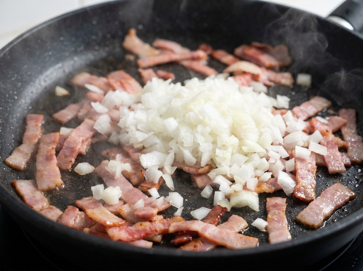 Oignons blancs dés et ail haché posés sur des lanières de bacon dorées dans une poêle sombre avec de la vapeur montante.