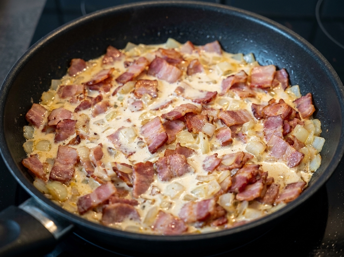 Crème liquide versée dans une poêle contenant du bacon croustillant et des oignons sautés, créant une base de sauce beige clair.
