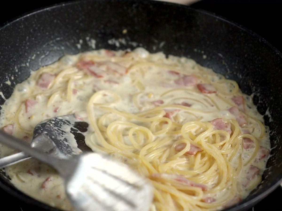 Spaghettis mélangés avec une spatule dans une sauce épaisse et crémeuse avec des morceaux visibles de bacon et doignon.