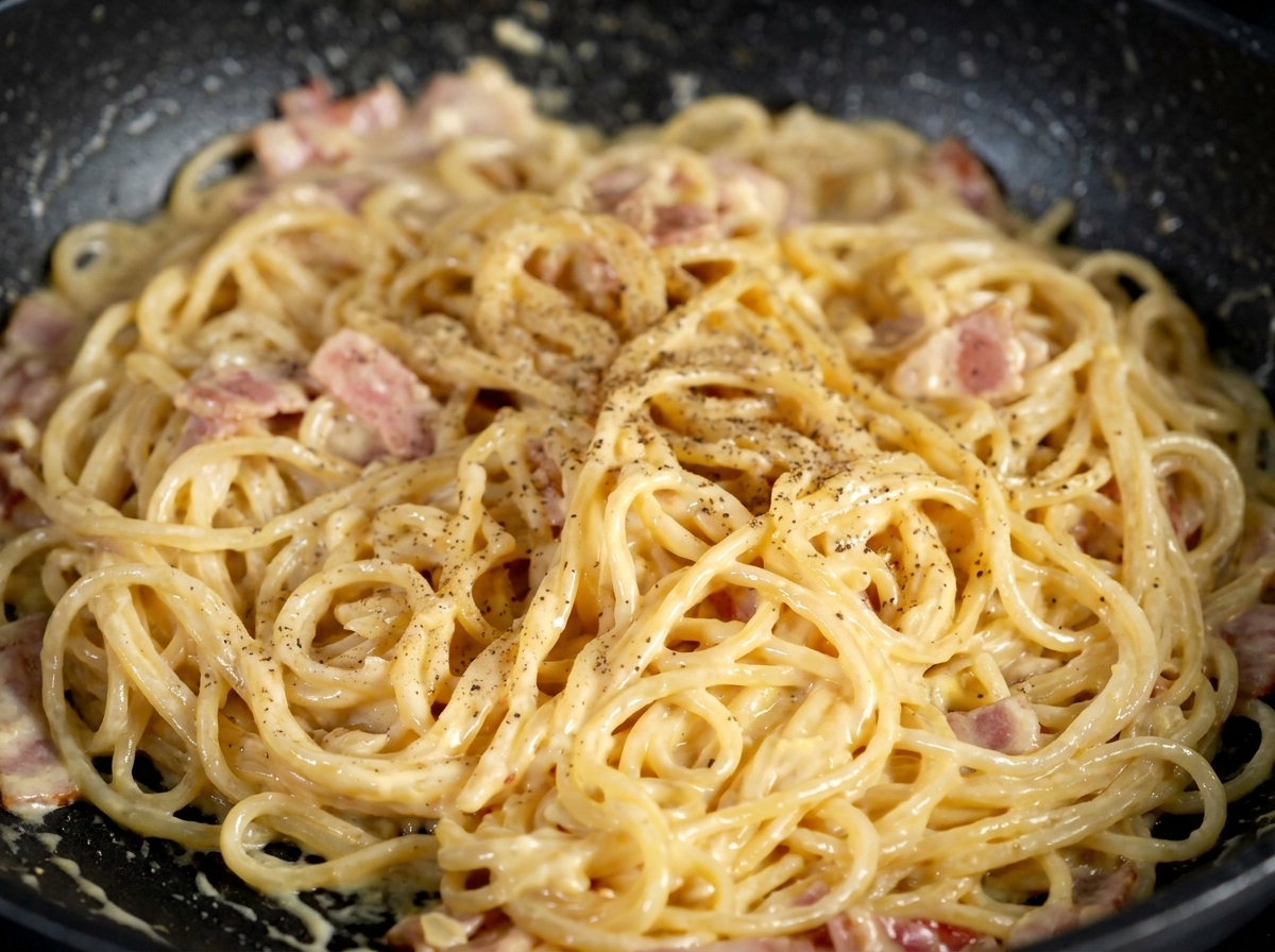 Vue rapprochée de spaghettis crémeux et de bacon soulevés, montrant la sauce épaisse et des éclats de persil vert frais.