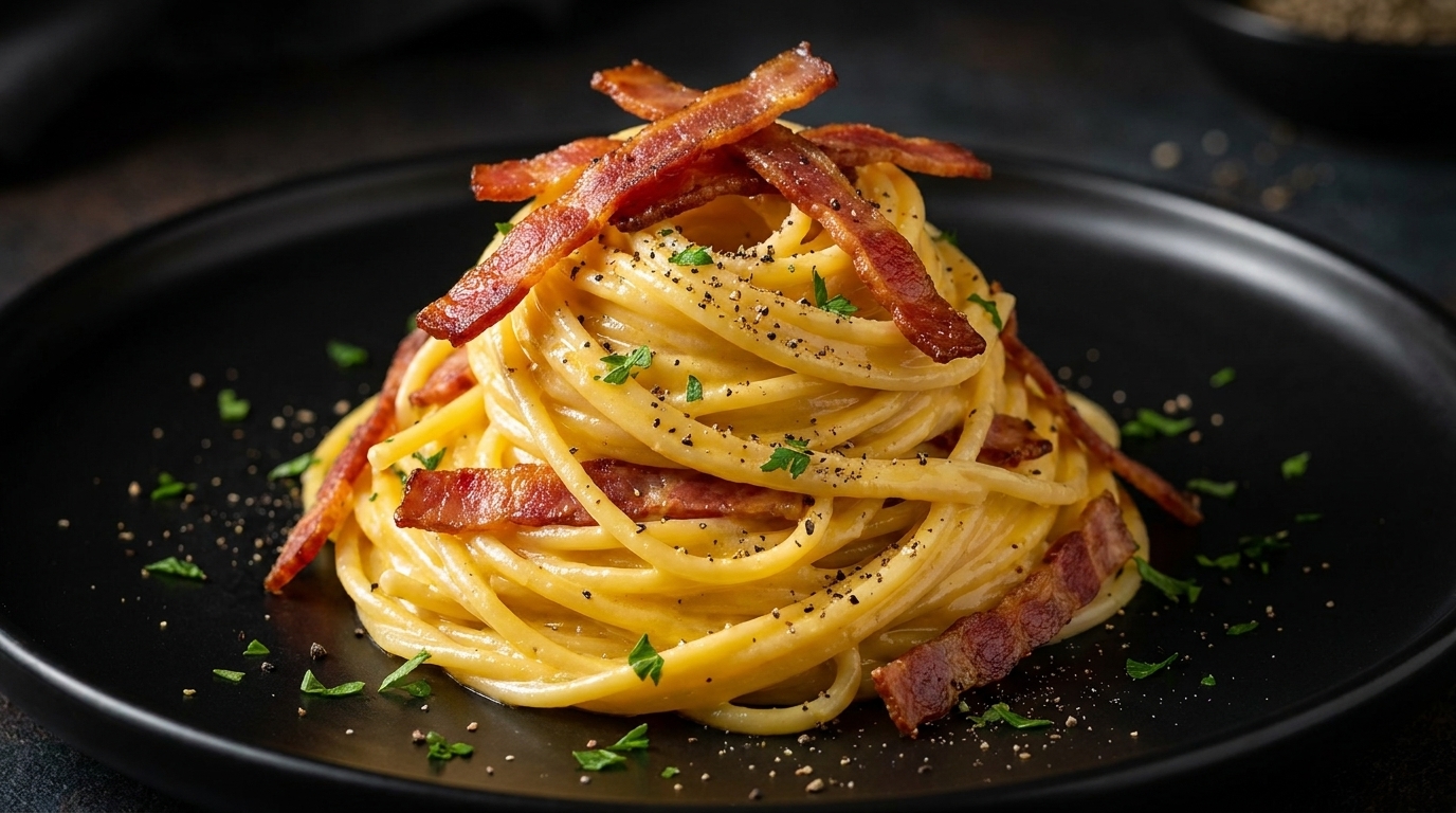 Spaghetti crémeux à la carbonara et au bacon en 10 minutes