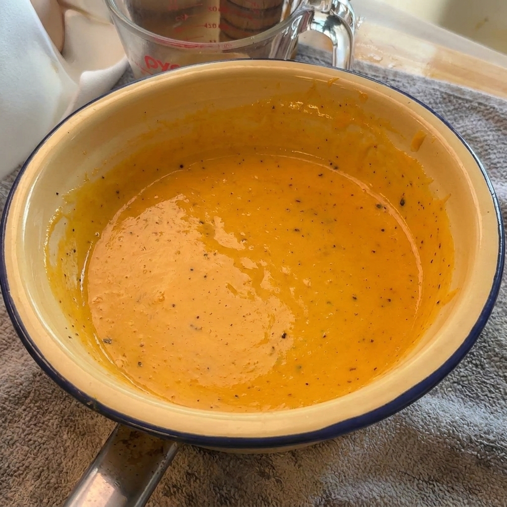 Une sauce carbonara lisse, épaisse et orange vif avec des éclats de poivre noir dans un bol crème.