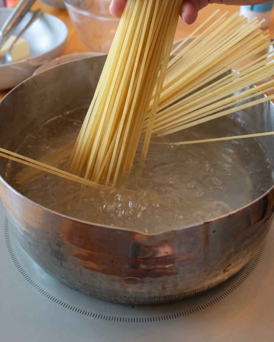Une main tenant un faisceau de spaghettis secs verticalement au-dessus dune casserole deau bouillante.