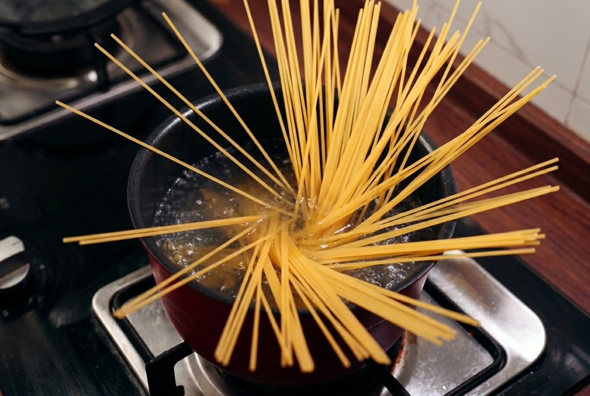 Un bouquet de spaghetti secs sévasant dans une casserole deau bouillante.