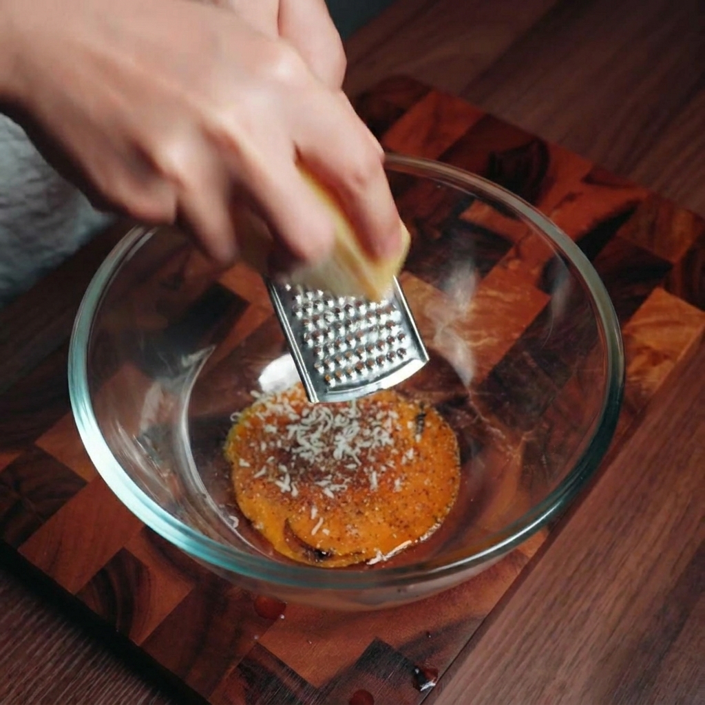 Une main utilisant une râpe en métal pour saupoudrer du fromage sur des jaunes dœufs assaisonnés.