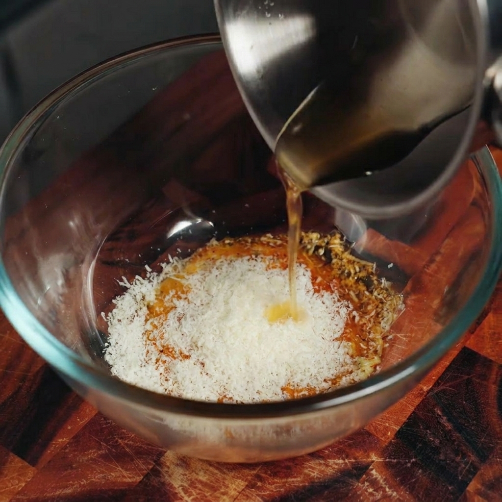 Gras de bacon doré versé dune petite casserole dans un bol contenant le mélange dœufs et de fromage.