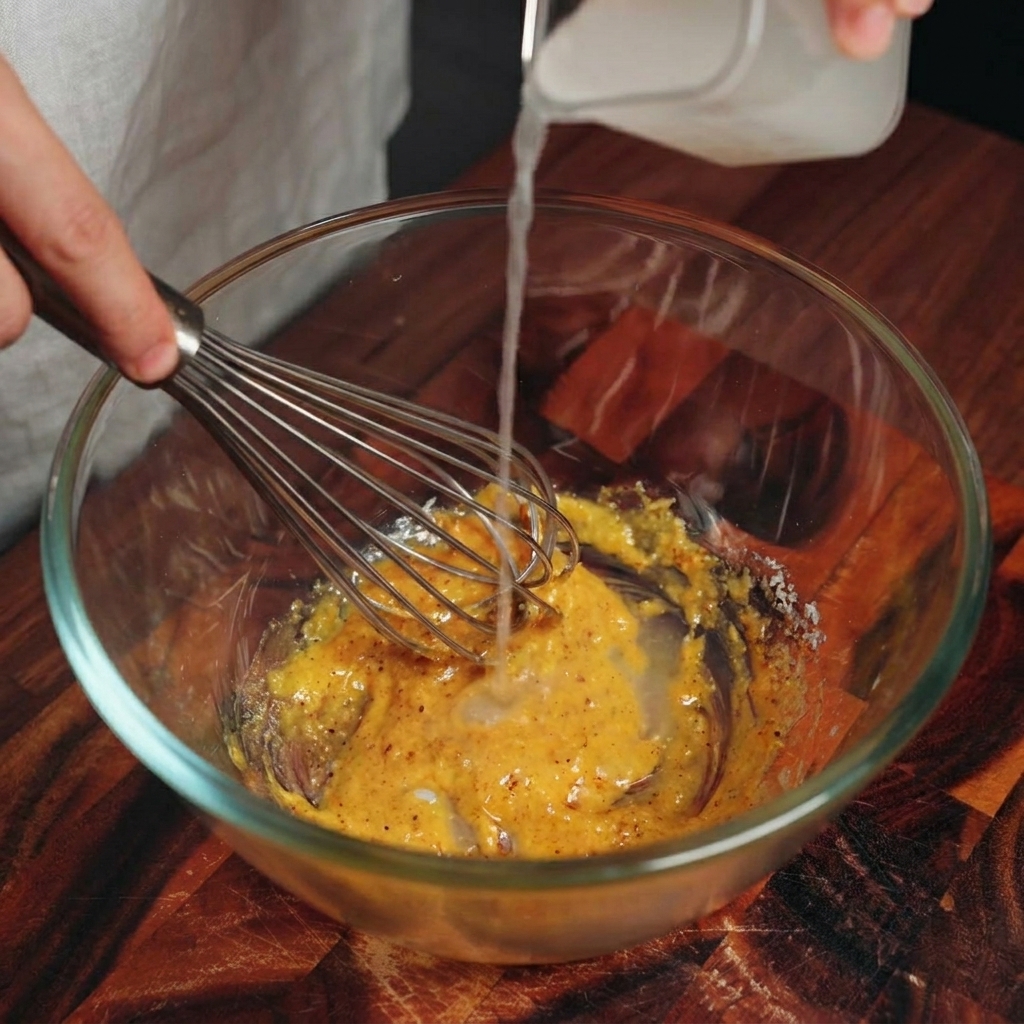 Un fouet mélangeant une sauce carbonara jaune pâle dans un bol alors que leau amidonnée est versée.