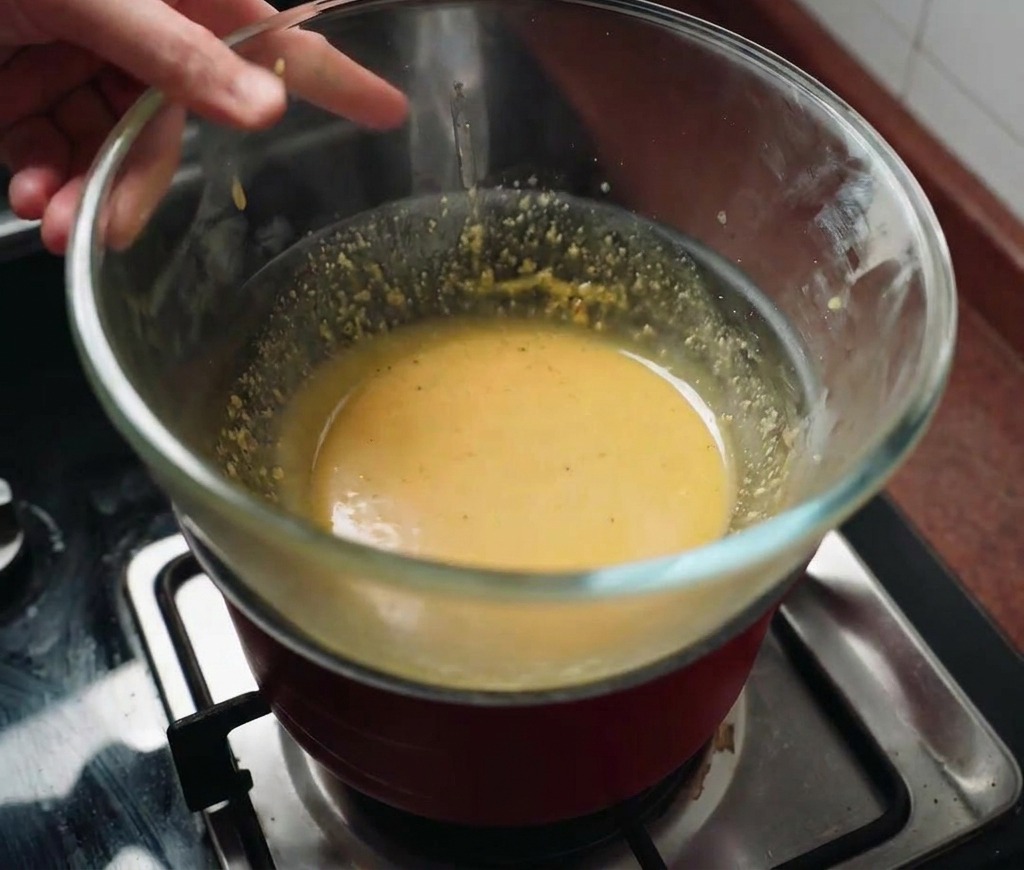 Un bol en verre de sauce jaune posé au-dessus dune casserole deau fumante sur une gazinière.