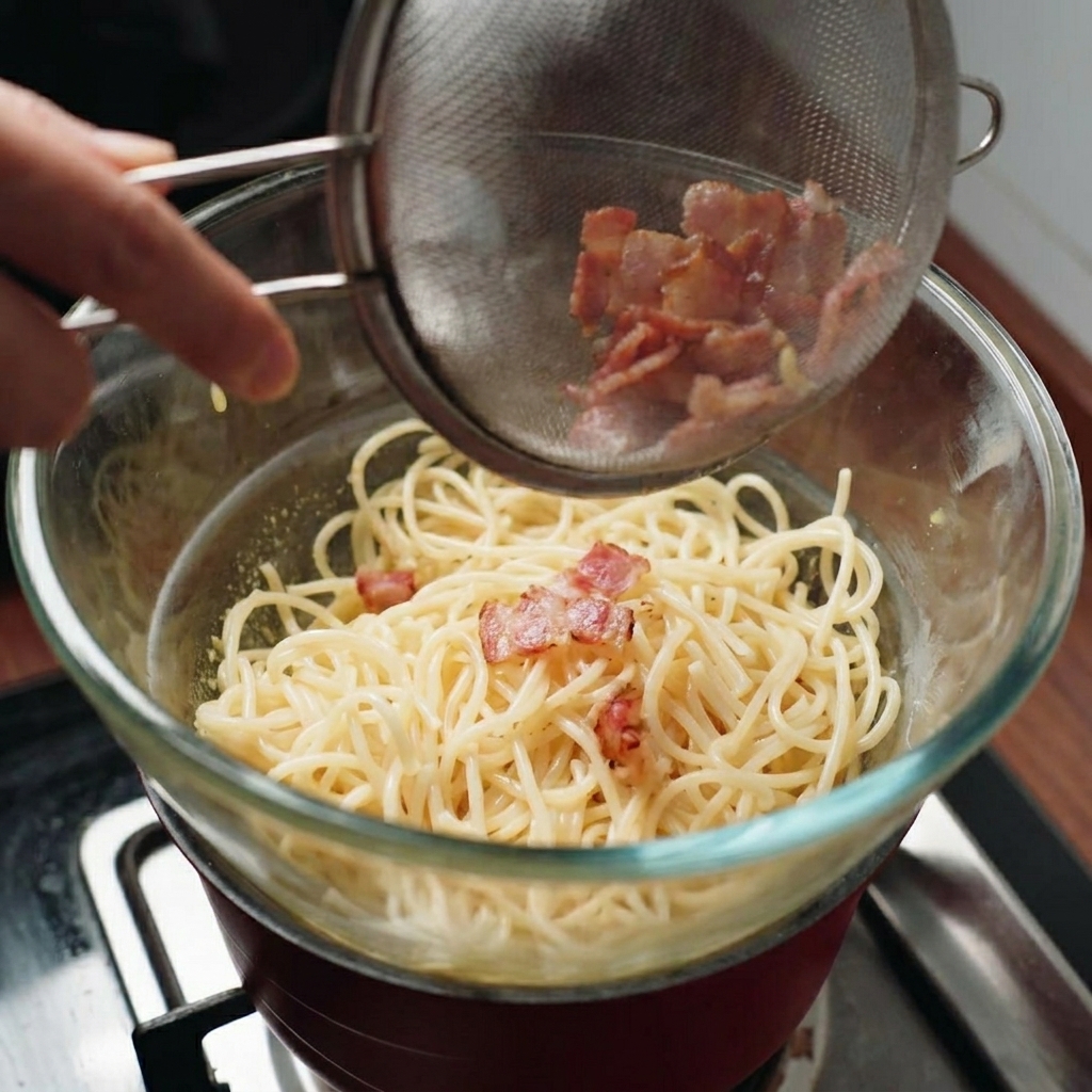 Morceaux de bacon frit versés dune passoire dans un bol de spaghetti et de sauce crémeuse.