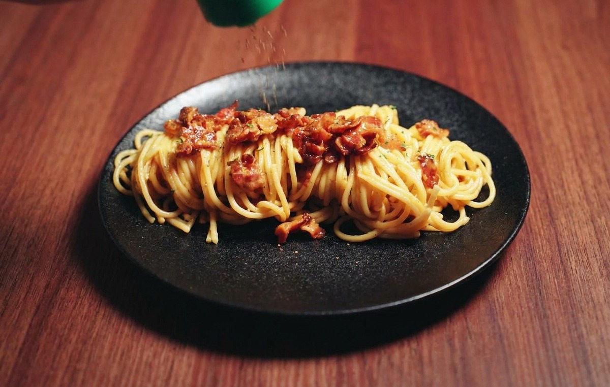Poivre noir fraîchement moulu saupoudré sur un dôme de spaghetti carbonara crémeux.
