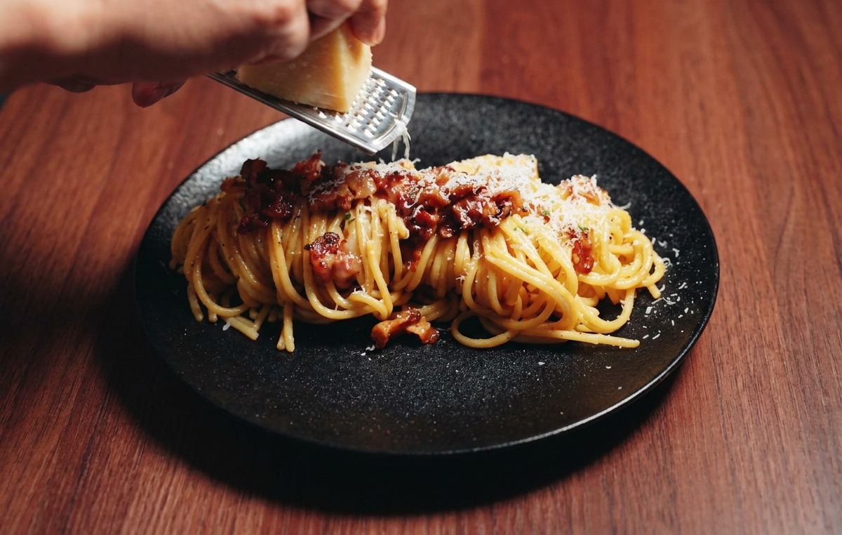Une main utilisant une râpe pour recouvrir les spaghetti carbonara de copeaux de parmesan.