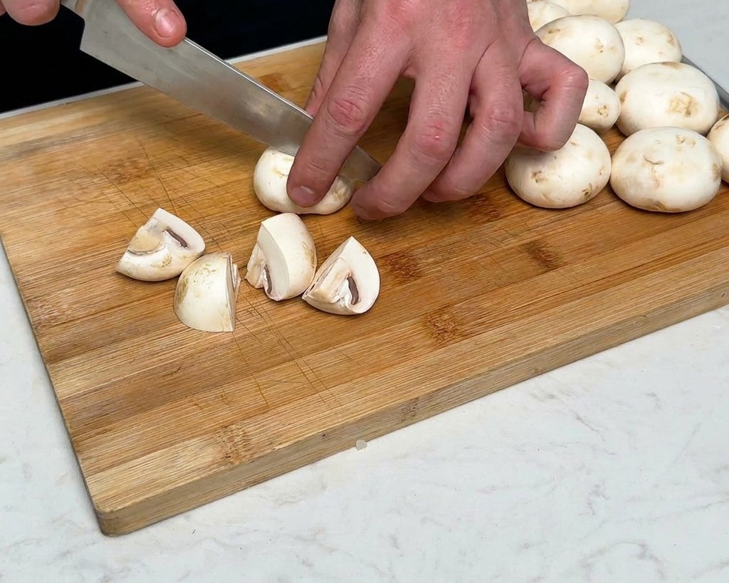 Une personne coupant des champignons de Paris frais en quartiers sur une planche en bois.