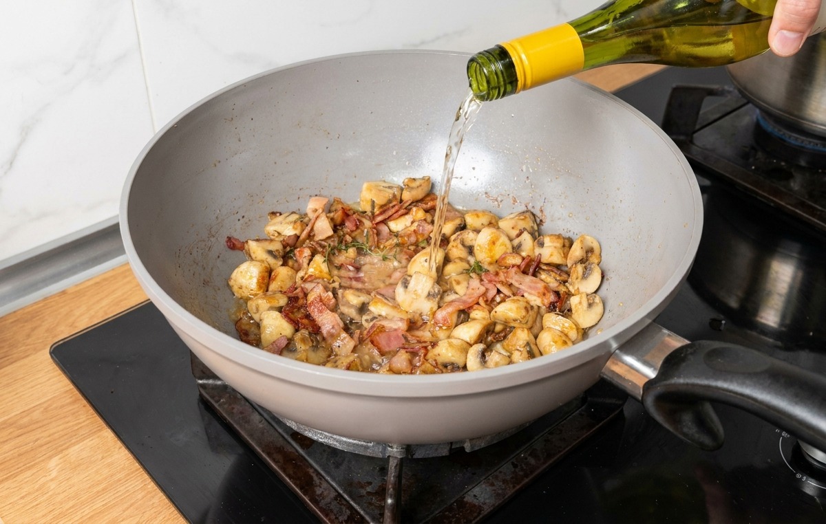 Vin blanc versé dune bouteille dans la poêle contenant les champignons et le bacon.