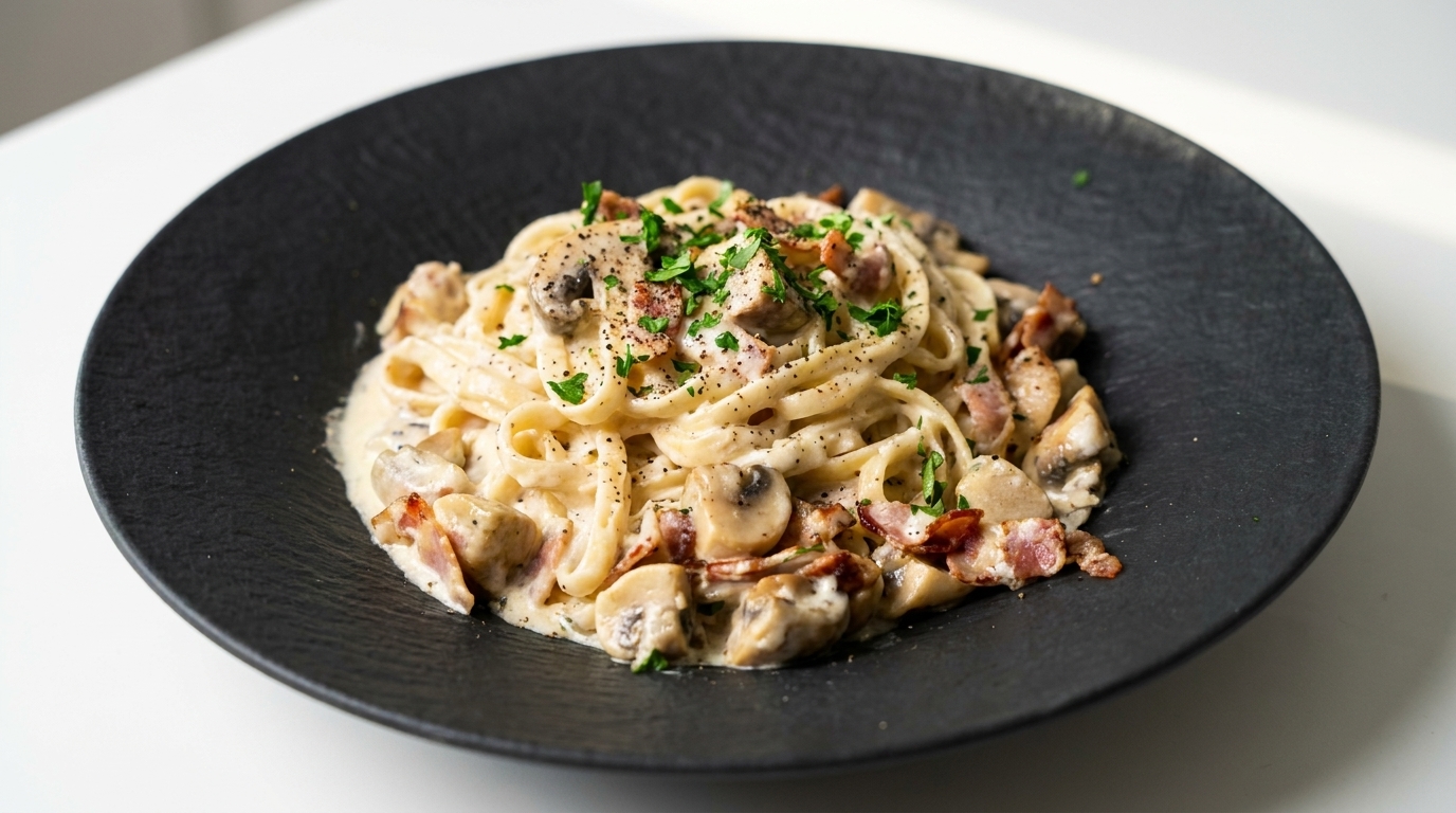 Pâtes crémeuses au bacon et aux champignons