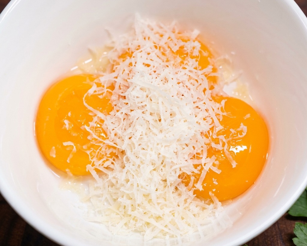 Un tas de parmesan finement râpé recouvrant des jaunes dœufs dans un bol.