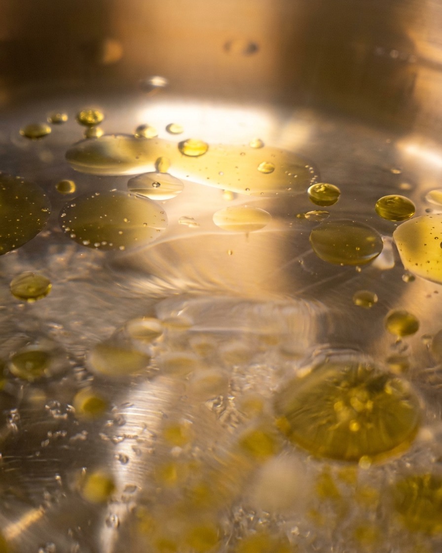 Gouttelettes dorées dhuile dolive flottant à la surface de leau bouillante dans une casserole en métal.
