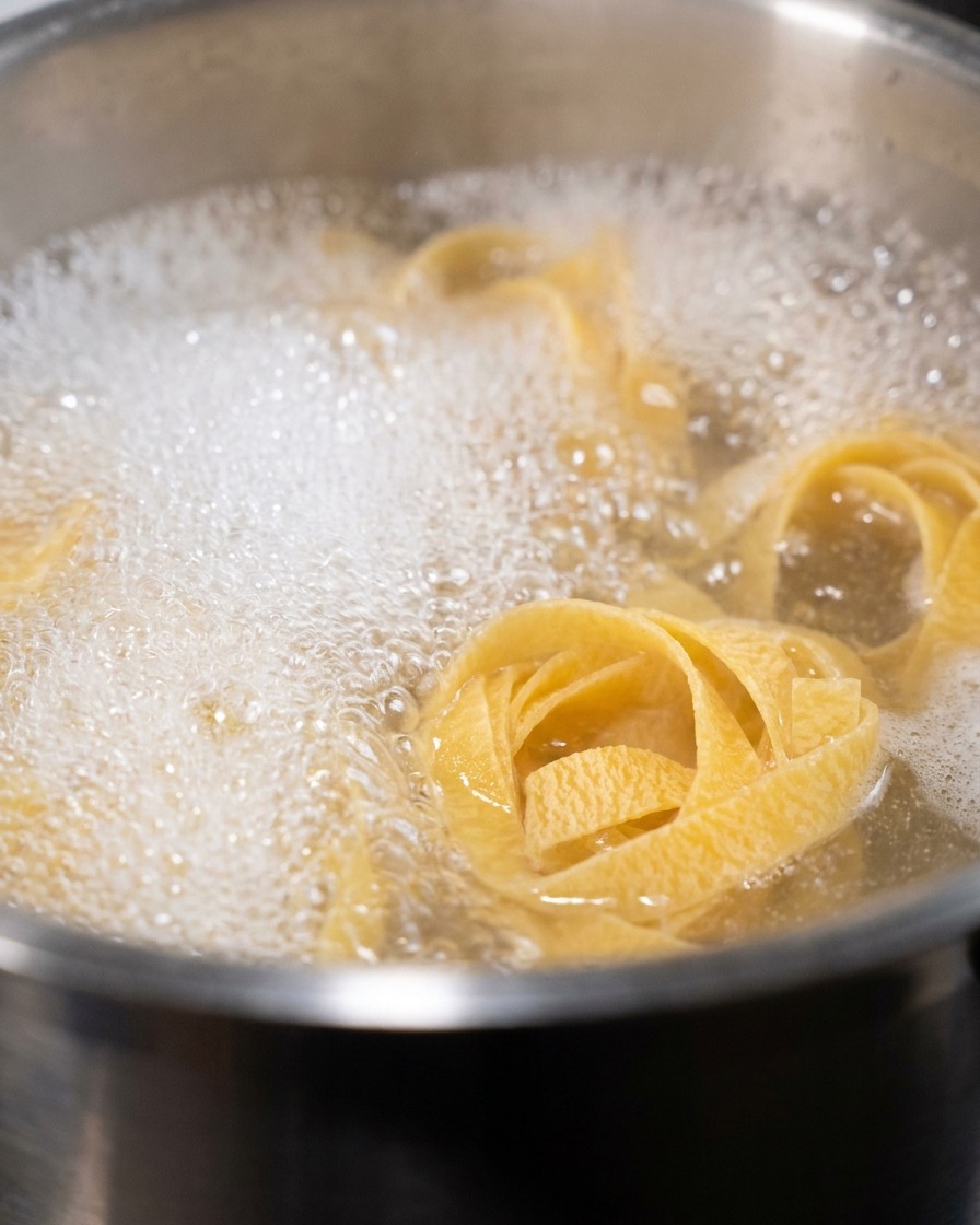 Nids de fettuccine bouillant dans une casserole deau avec de lécume blanche à la surface.
